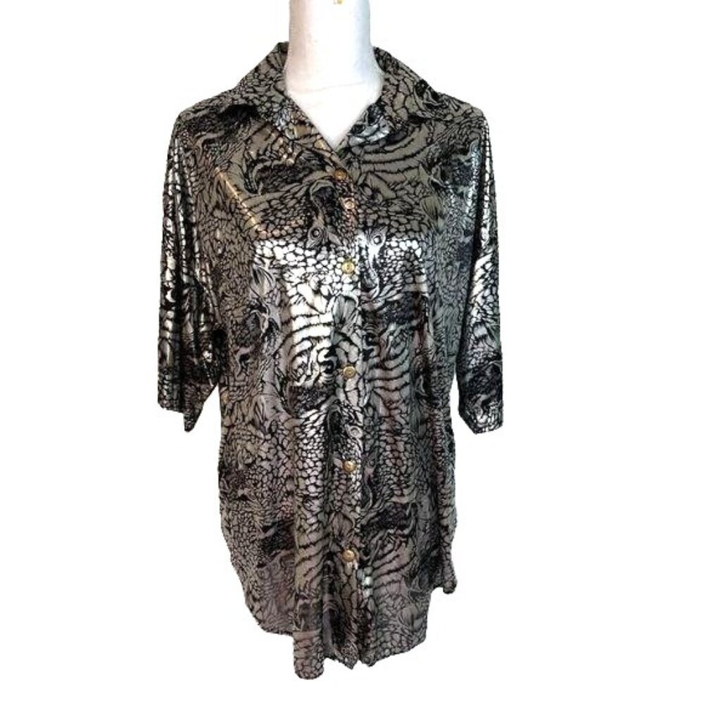 Fourteenth Place Vintage Womens Top Size Medium Black Silver Tiger Print